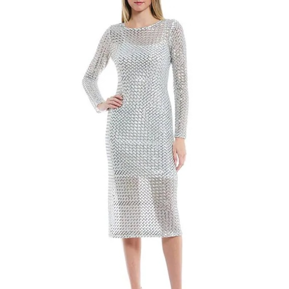 GB Sequin Lattice Long Sleeve Sequin Midi Dress